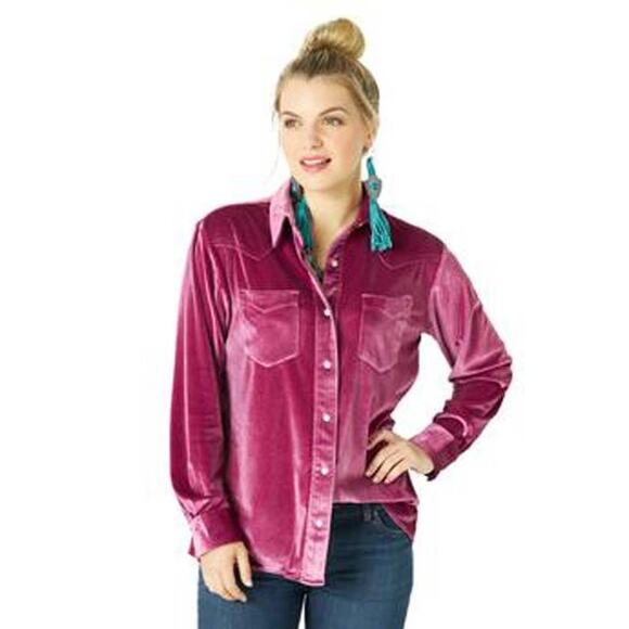Wrangler Retro Dark Pink velour button up collared shirt size L - Picture 1 of 4